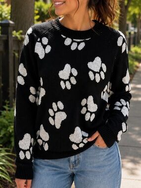 The Animal Rescue Site Paw Print Sweater Medium Black White Knit